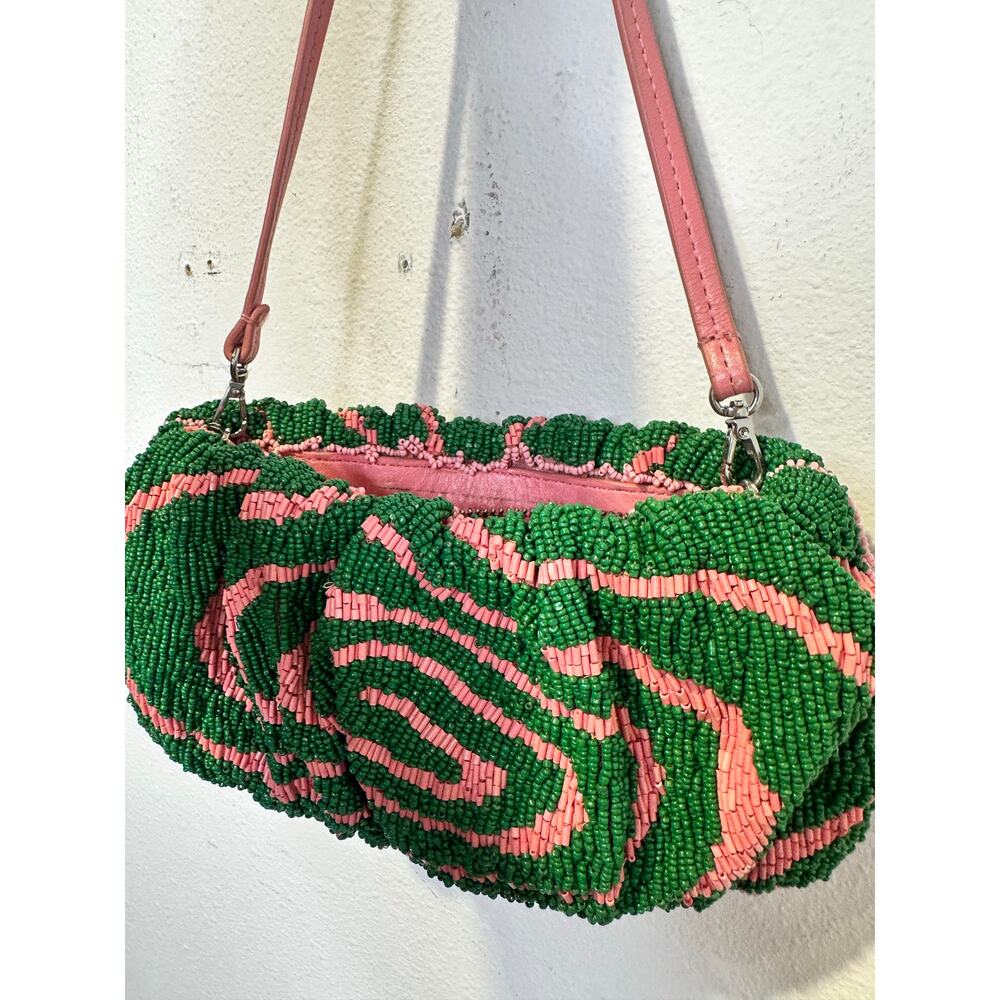 STAUD Pink Green Swirl Psychedelic Beaded Patterned Bean Convertible Bag Purse - Picture 10 of 11